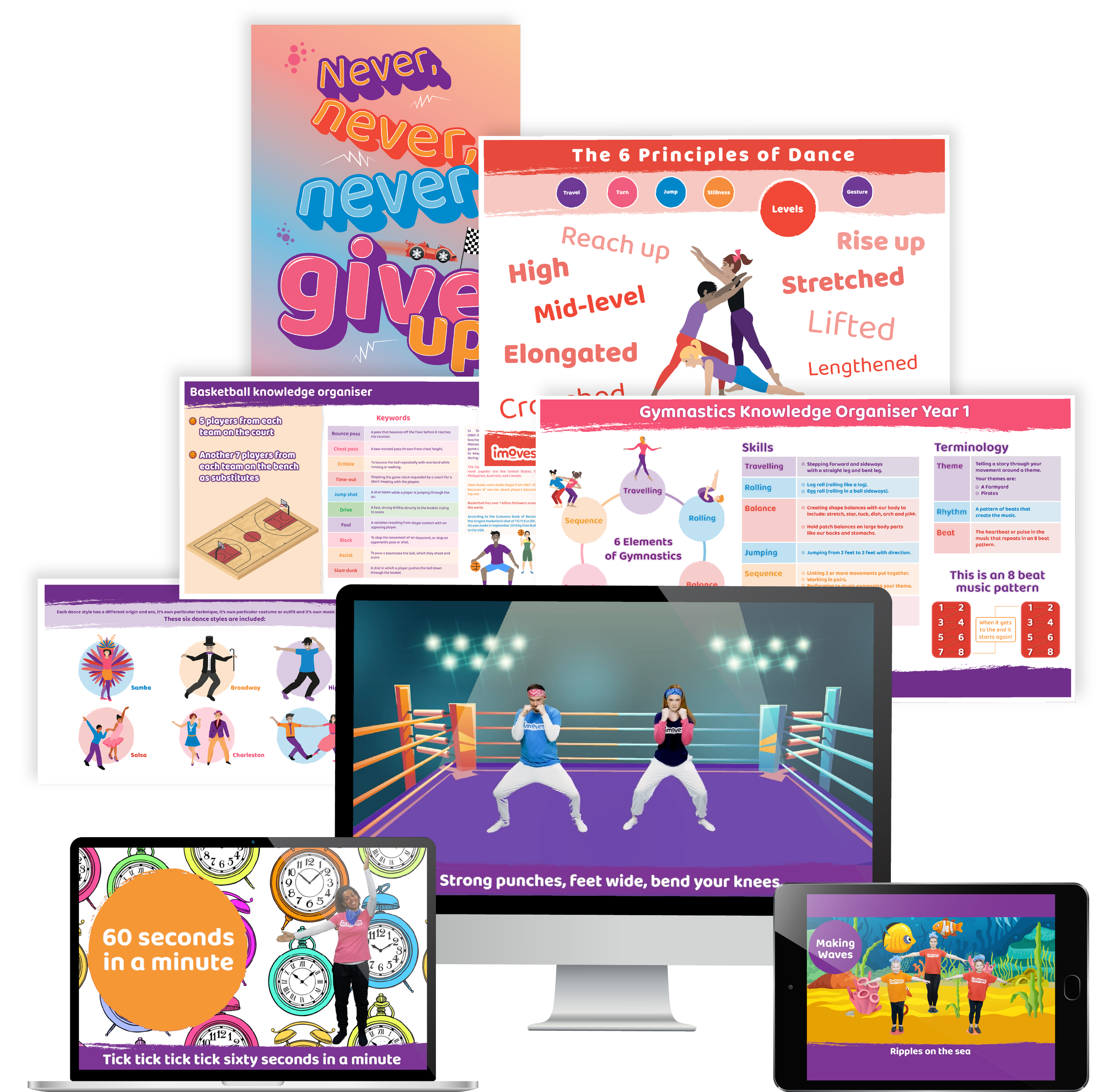 A collage of educational and activity-themed posters for children, including topics like dance principles, gymnastics, speed challenges, and ocean life.