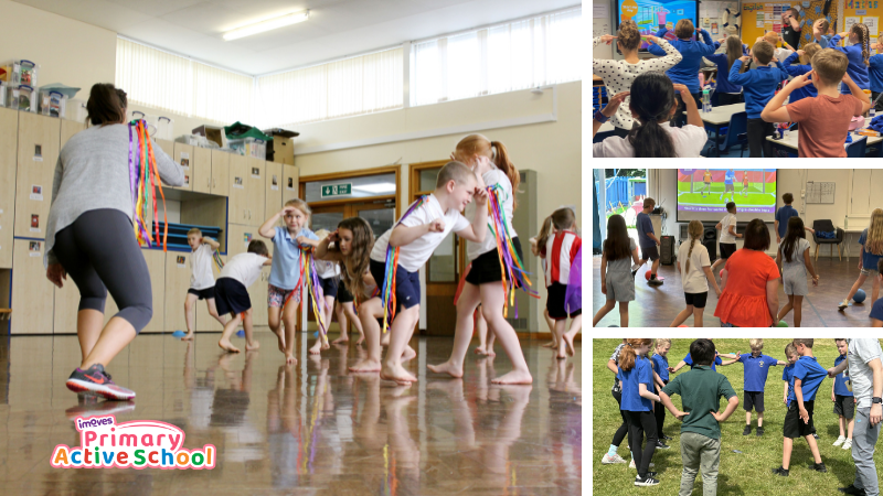 Collage of children participating in various physical activities at school, including indoor dance and outdoor team games.