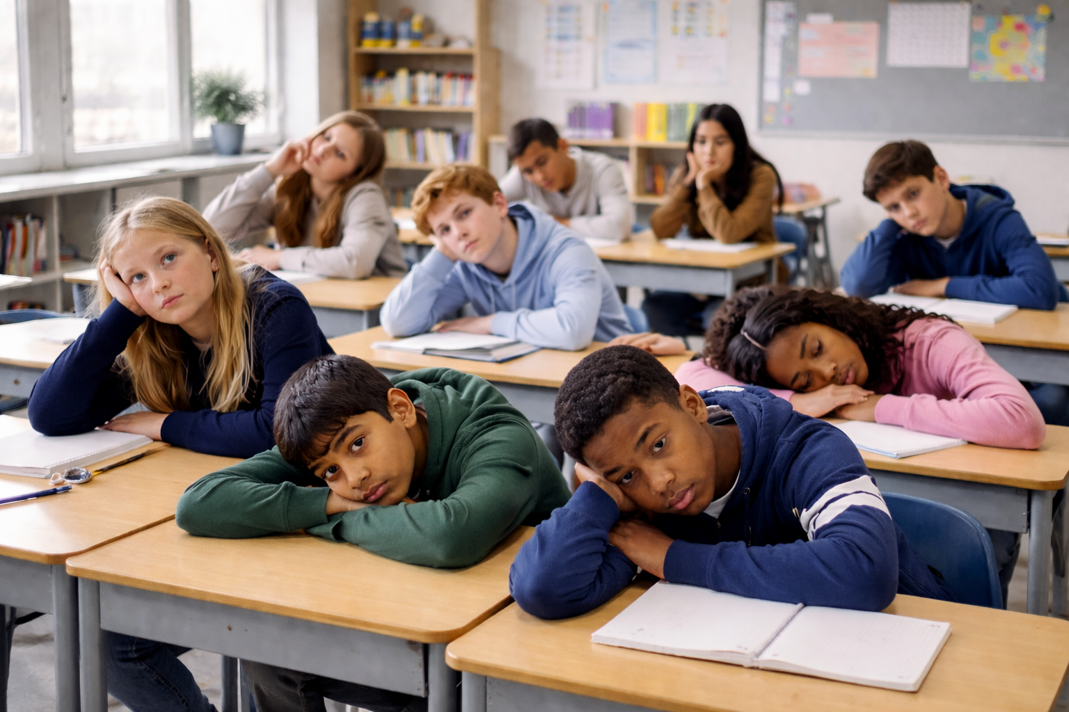 Students sitting at desks in a classroom, resting their heads on their arms and appearing bored or tired.