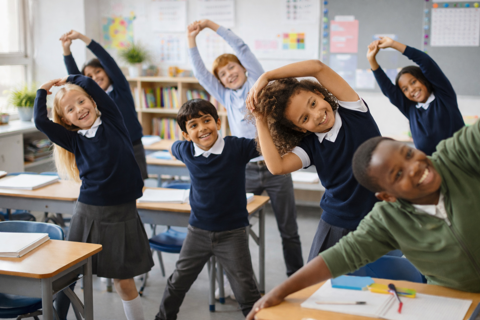 Classroom of smiling elementary students stretching while standing at desks, with notebooks and books, in a bright room with maps and posters on the wall.