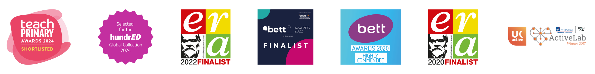 Series of award and finalist badges and logos for Teach Primary Awards and related recognitions from 2017 to 2024, including categories like shortlisted, finalist, and highly commended.