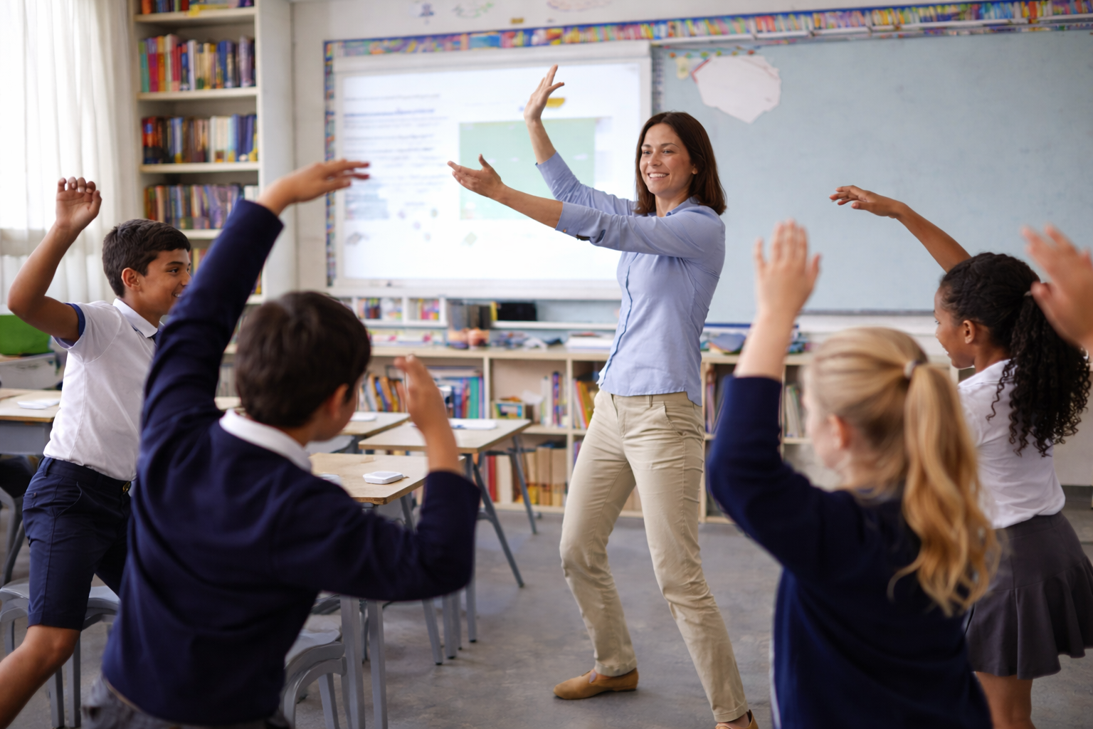 A teacher leading a classroom activity with five students raising their hands, in a classroom with bookshelves and a whiteboard in the background.