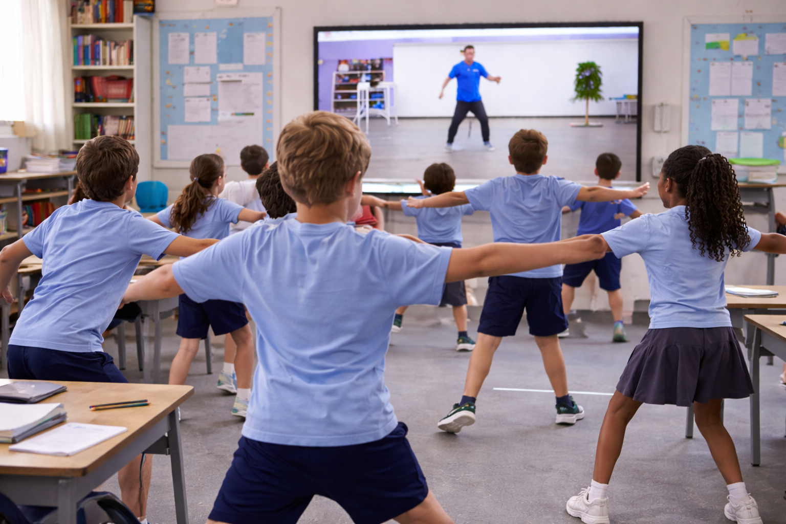 Students in a classroom participating in a virtual stretching or exercise session on a large screen, guided by a teacher on video.