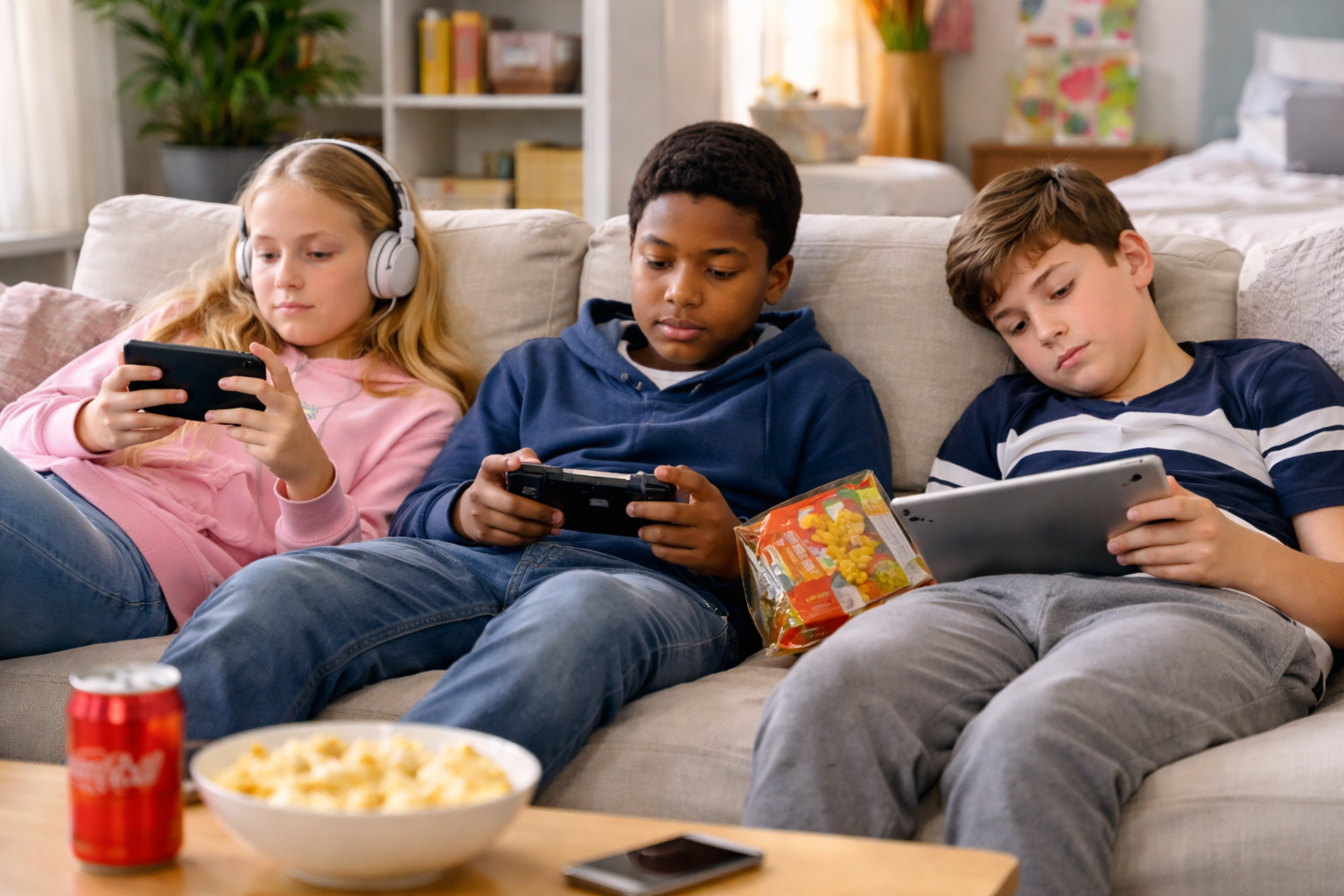 Three children sitting on a couch playing video games and using electronic devices with snacks nearby.