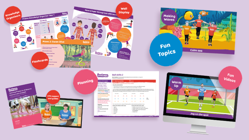 Educational materials including posters, flashcards, a computer screen with a sports video, and informational handouts about physical activity and sports training.
