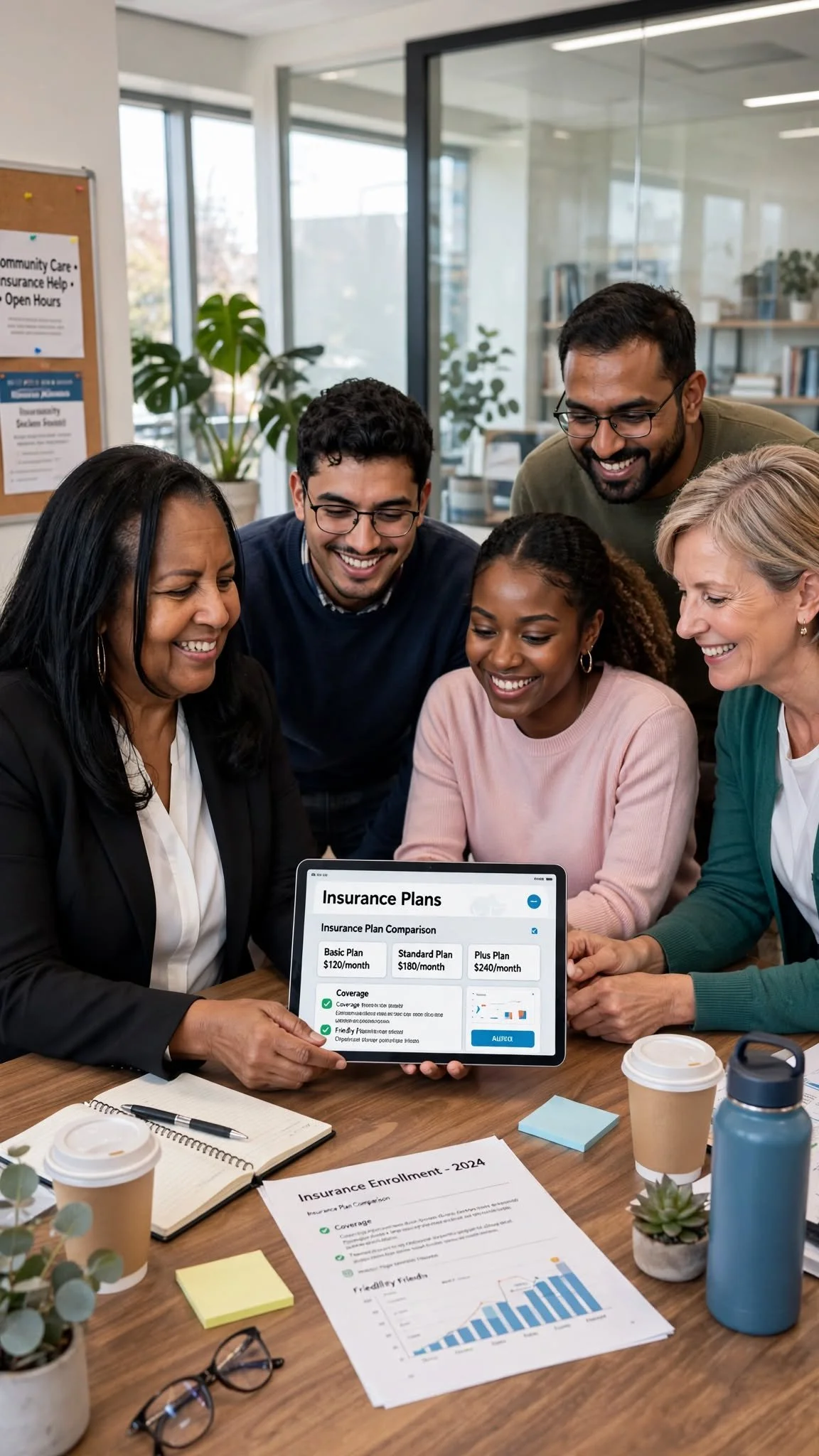 Group of five people gathered around a laptop in an office, looking at a screen displaying insurance plans, with notes and documents on the table.