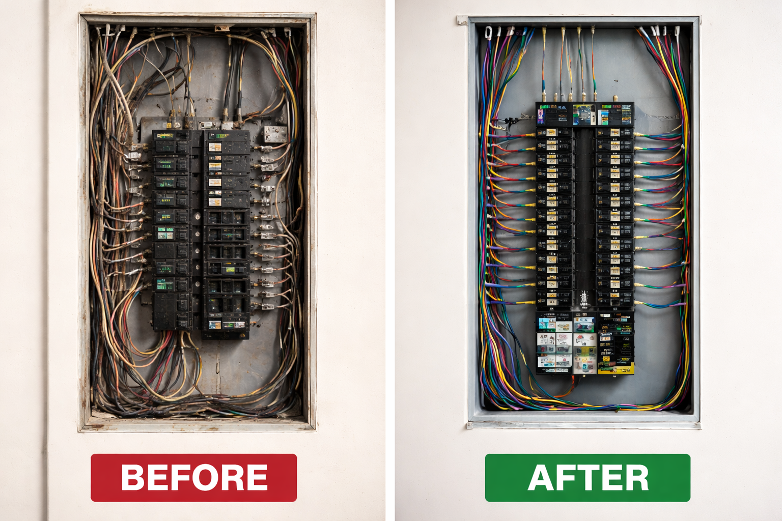 Comparison of an electrical breaker box before and after cleaning and organization. The left side shows a dirty, cluttered breaker panel with tangled wires; the right side shows a clean, organized breaker panel with neatly arranged wires.
