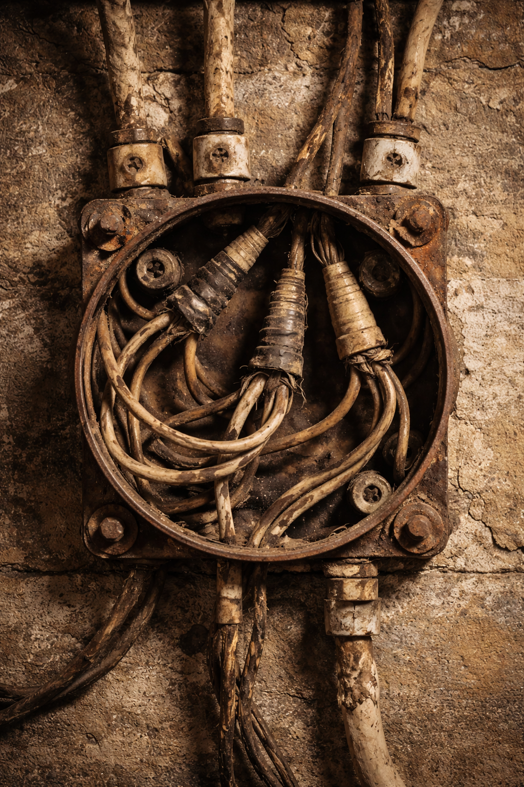 An old, rusty electrical box with tangled wires and cables sticking out, mounted on a rough concrete wall.
