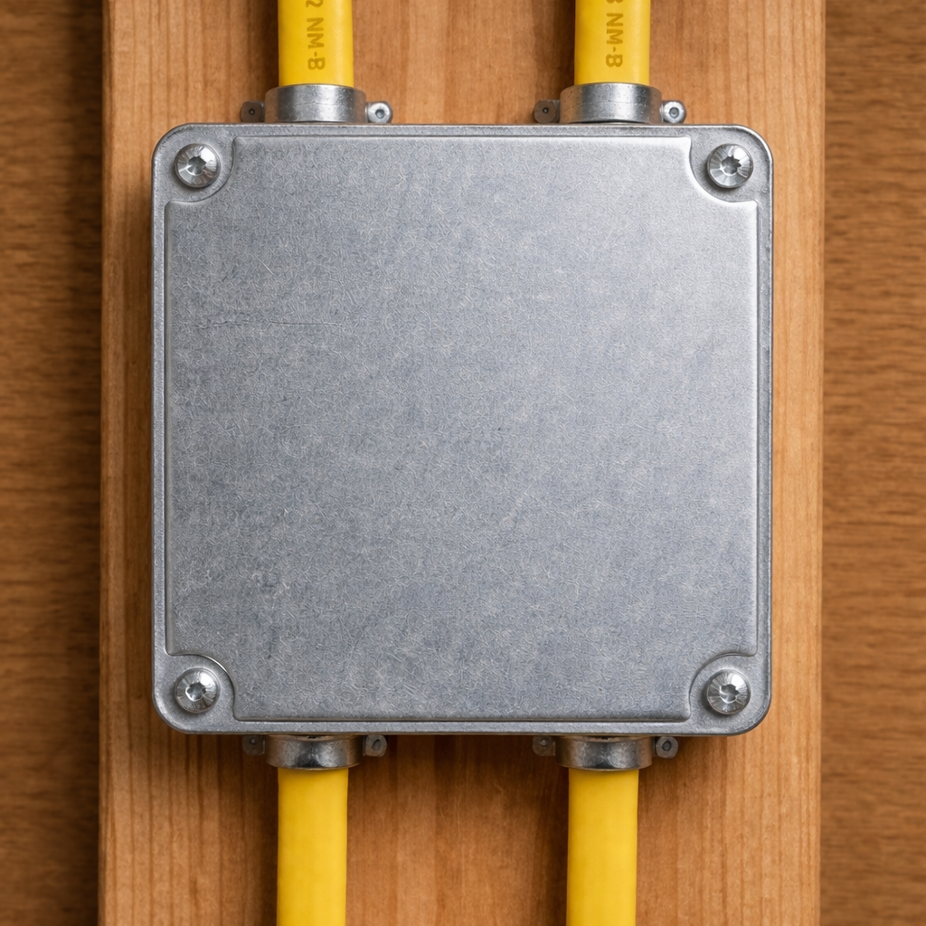 Electrical junction box mounted on a wood wall with yellow conduits attached.