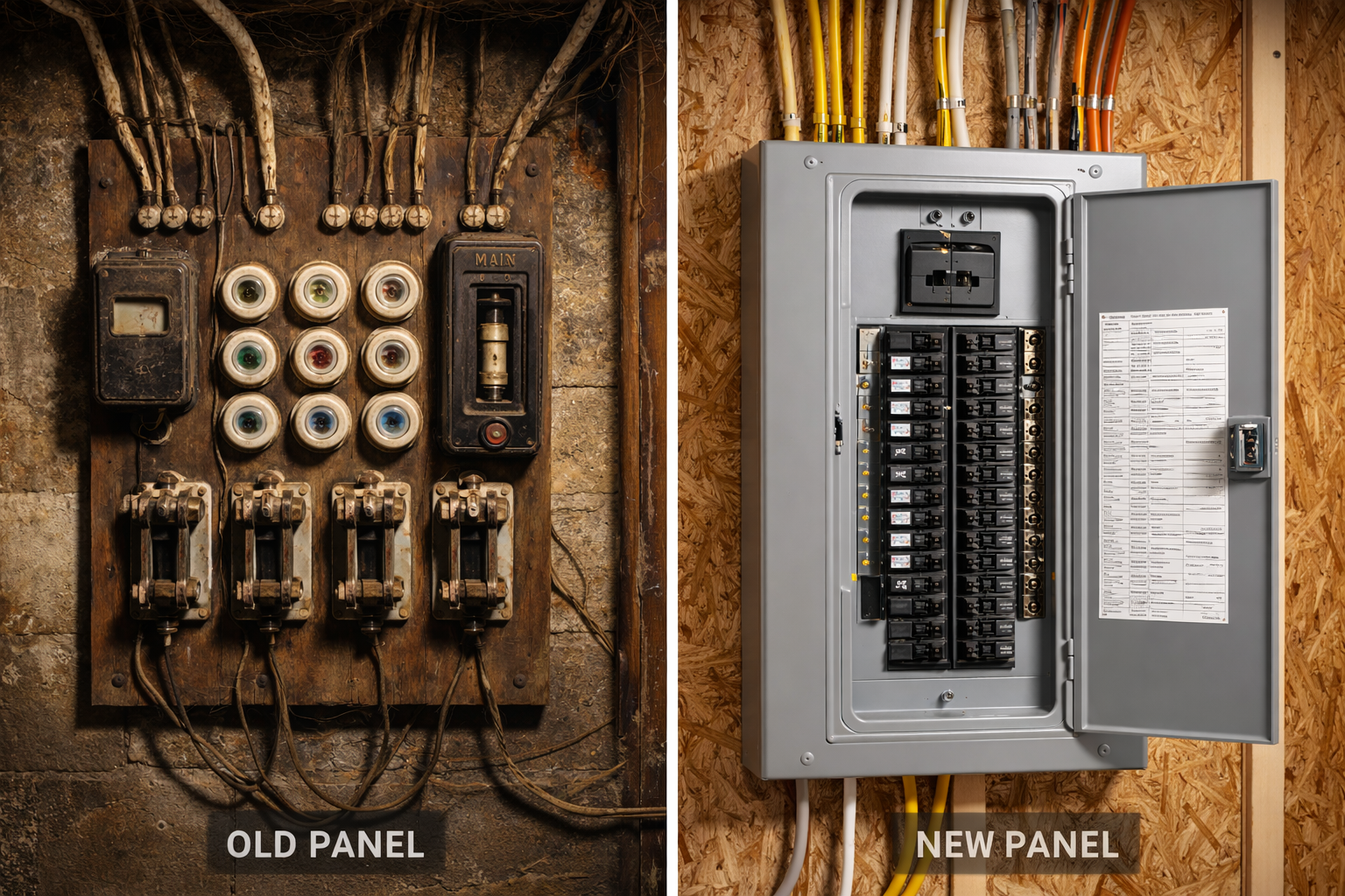 Comparison of an old electrical panel with vintage components on the left and a modern electrical panel with circuit breakers on the right.