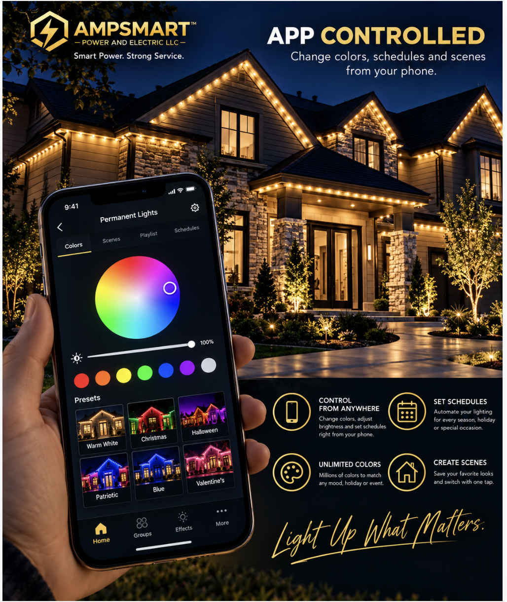 A smartphone displaying an app for controlling outdoor house lights with color options, presets, and scheduling features. In the background, a house decorated with string lights in the evening.