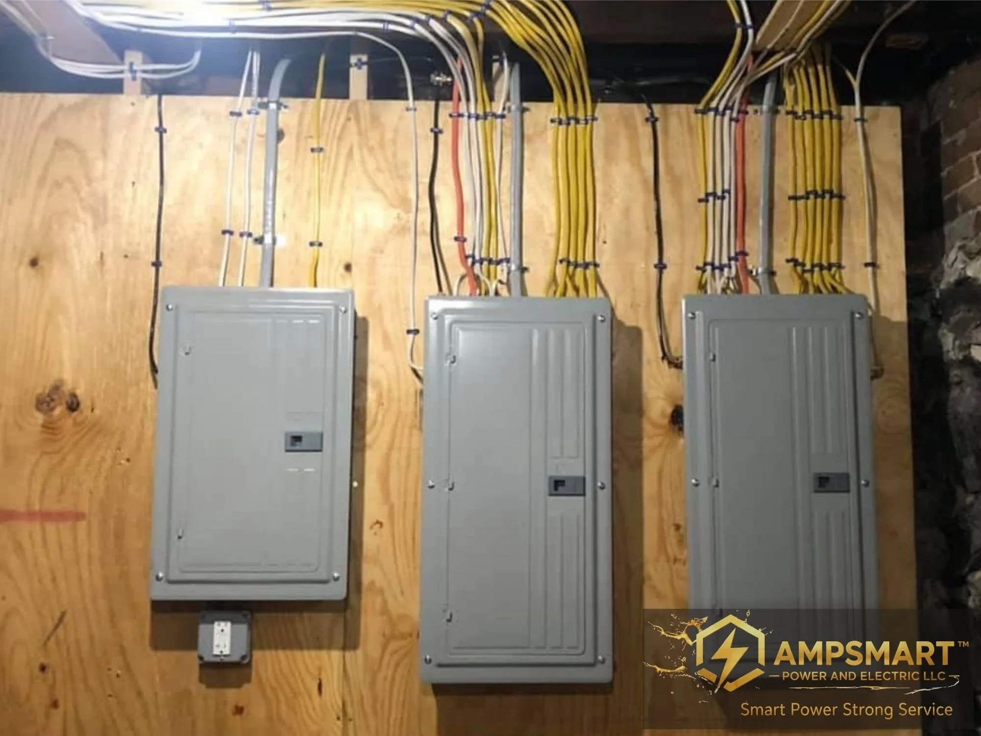 Electrical panels and wiring mounted on a wooden wall, with cables organized and secured using clips, near the bottom right corner of the image, a logo and text reading 'AMPSMART Power and Electric LLC, Smart Power Strong Service'.