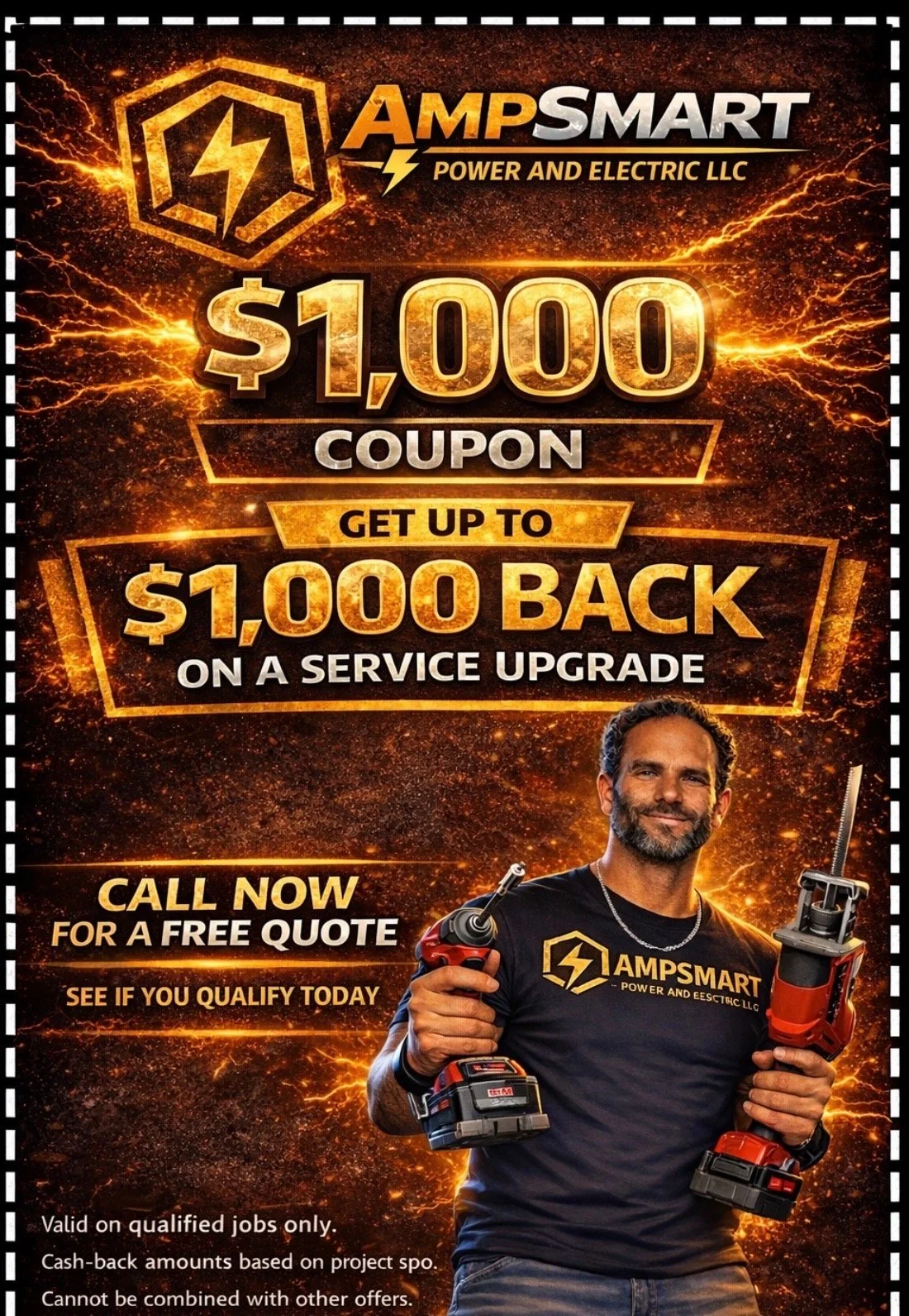 A promotional coupon for AMPSMART Power and Electric LLC offering $1,000 coupon and up to $1,000 back on a service upgrade, featuring a smiling technician holding tools and the company logo, with a fiery, energetic background.