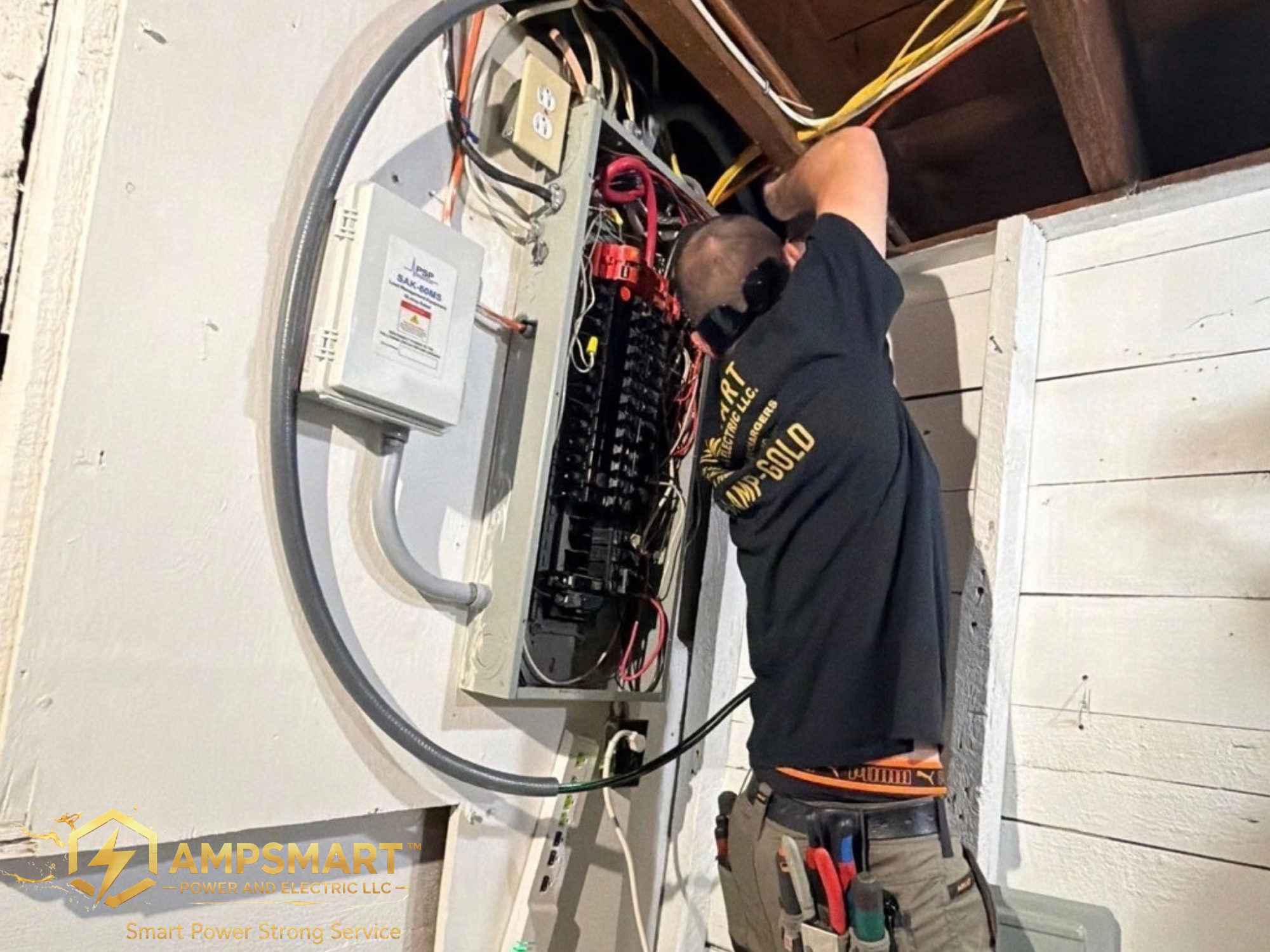 A technician working on an electrical panel with numerous wires inside a wall opening. The worker is wearing safety glasses and a black shirt with yellow writing, using tools to work on the wiring. An electrical meter is mounted on the wall nearby, and the scene appears to be part of a renovation or electrical installation project.