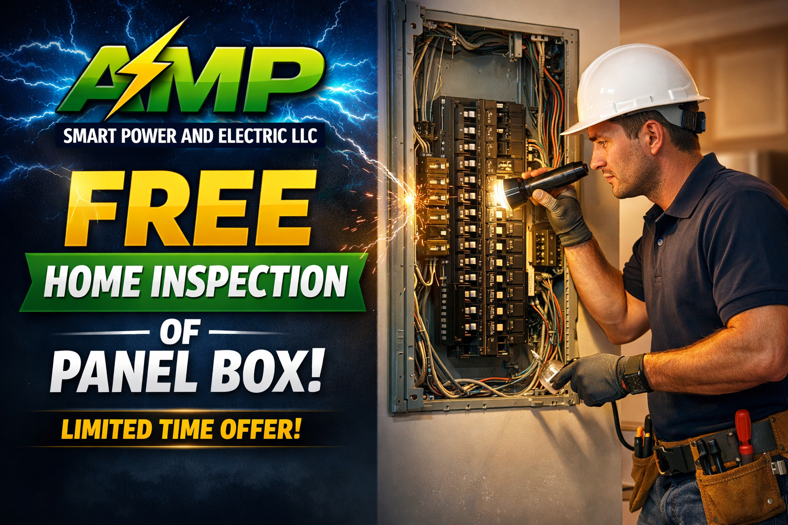 A technician in a white hard hat inspecting an open electrical panel box with a flashlight, sparks flying as he works on the wiring.