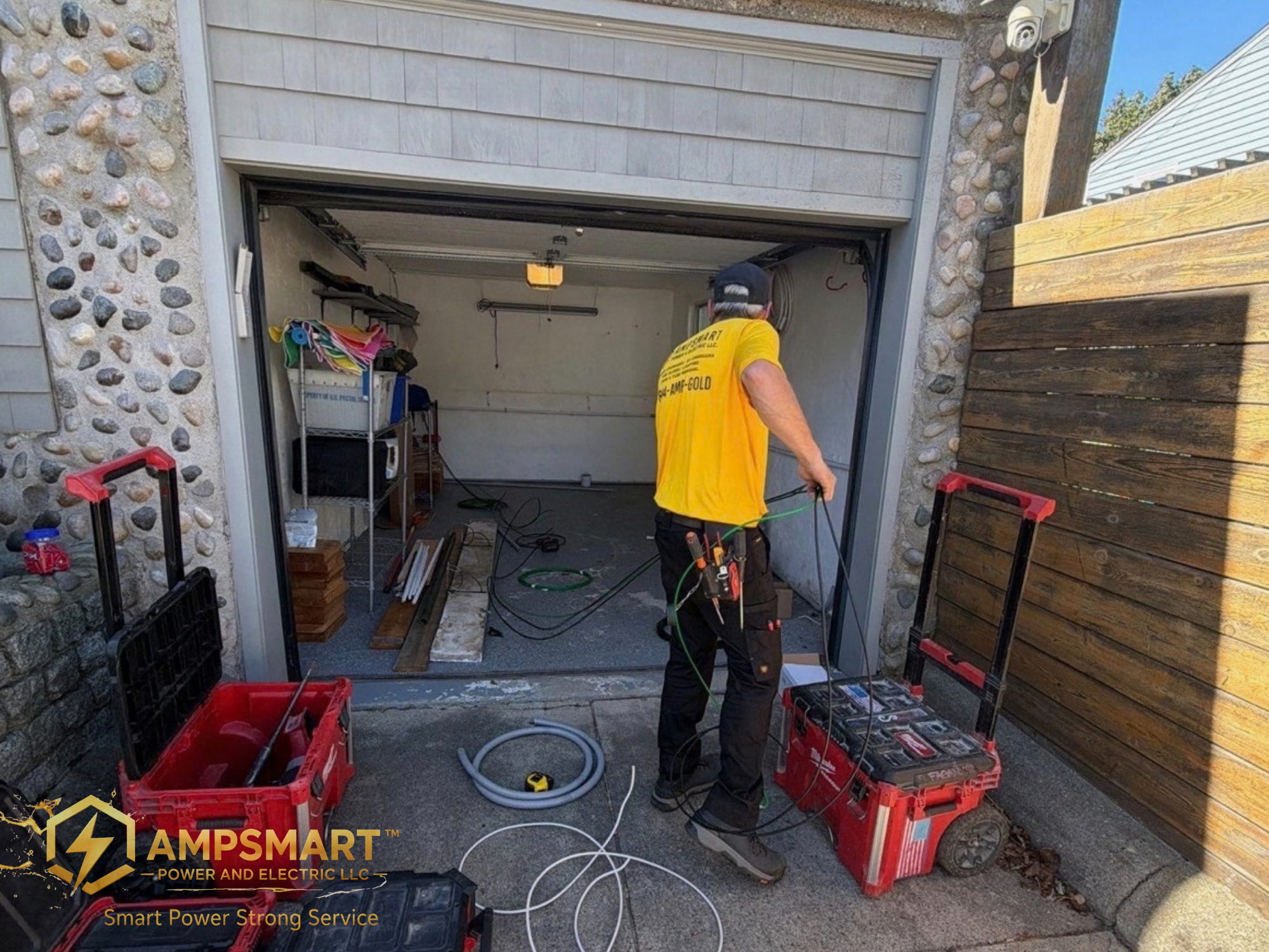 A worker in a yellow shirt and black cap working on an open garage. The interior has various tools and materials, with a stone wall to the left and a wooden fence on the right. Red toolboxes and equipment are on the ground. The worker appears to be doing electrical or repair work, with wires and tools around.
