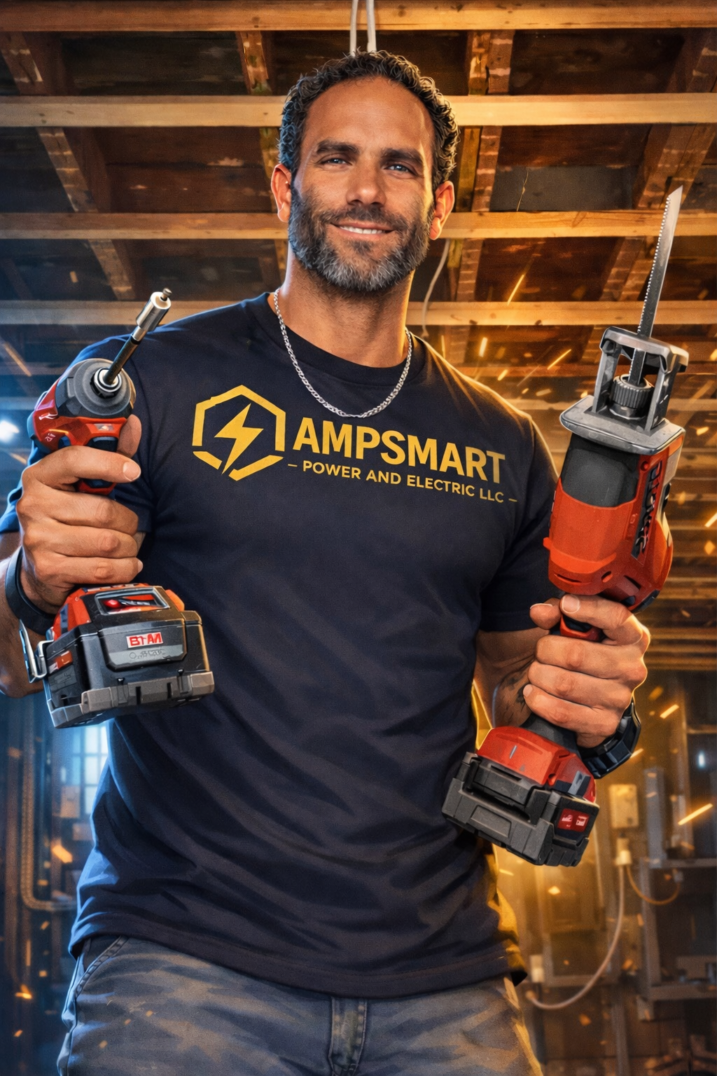 A man smiling in a construction setting, holding a cordless drill in his right hand and an electric reciprocating saw in his left hand. He is wearing a black T-shirt with the logo and name ‘AMPSMART Power and Electric LLC’.