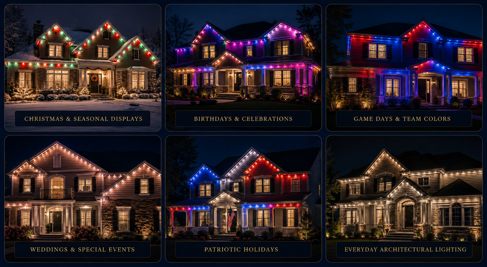 A collage of six houses decorated with holiday and event lighting at night, each with different lighting styles and colors. The top left house has Christmas lights with red, green, and white colors. The top middle house has purple, pink, and blue lights. The top right house has red and blue lights. The bottom left house has warm white holiday lights. The bottom middle house has patriotic colors in red, white, and blue. The bottom right house has elegant warm white architectural lighting. Each section has a label indicating the type of lighting: Christmas & Seasonal Displays, Birthdays & Celebrations, Game Days & Team Colors, Weddings & Special Events, Patriotic Holidays, Everyday Architectural Lighting.