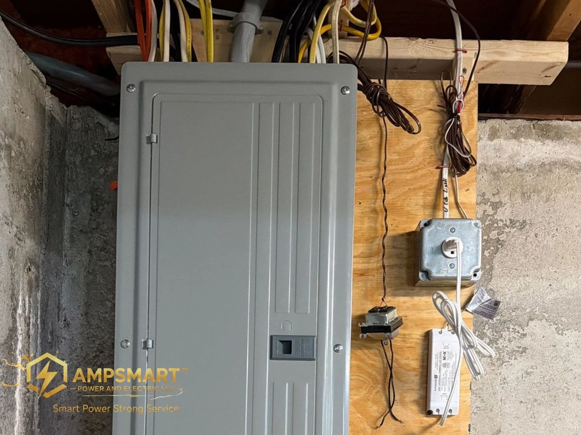 Electrical power panel with various wires, a circuit breaker, and a power supply unit mounted on a wooden board.