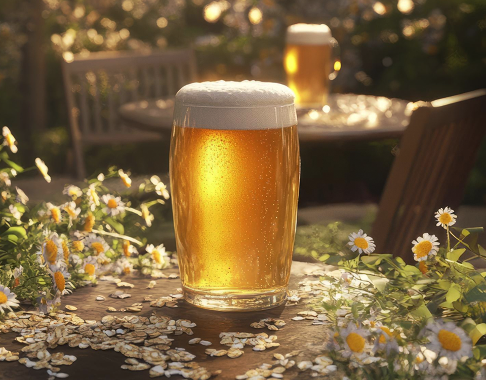 A pint glass of beer with a foamy head on a wooden table outdoors, surrounded by chamomile flowers and petals, with sunlight and another beer glass in the background.