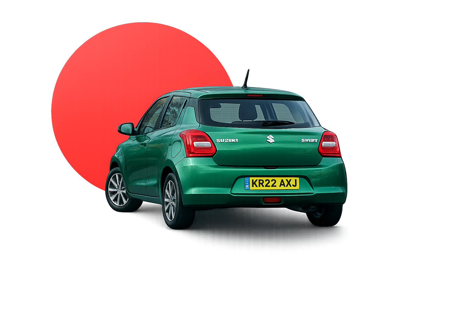 Rear view of a green Suzuki Swift hatchback car with a yellow UK license plate on a colorful background with a large red circle.