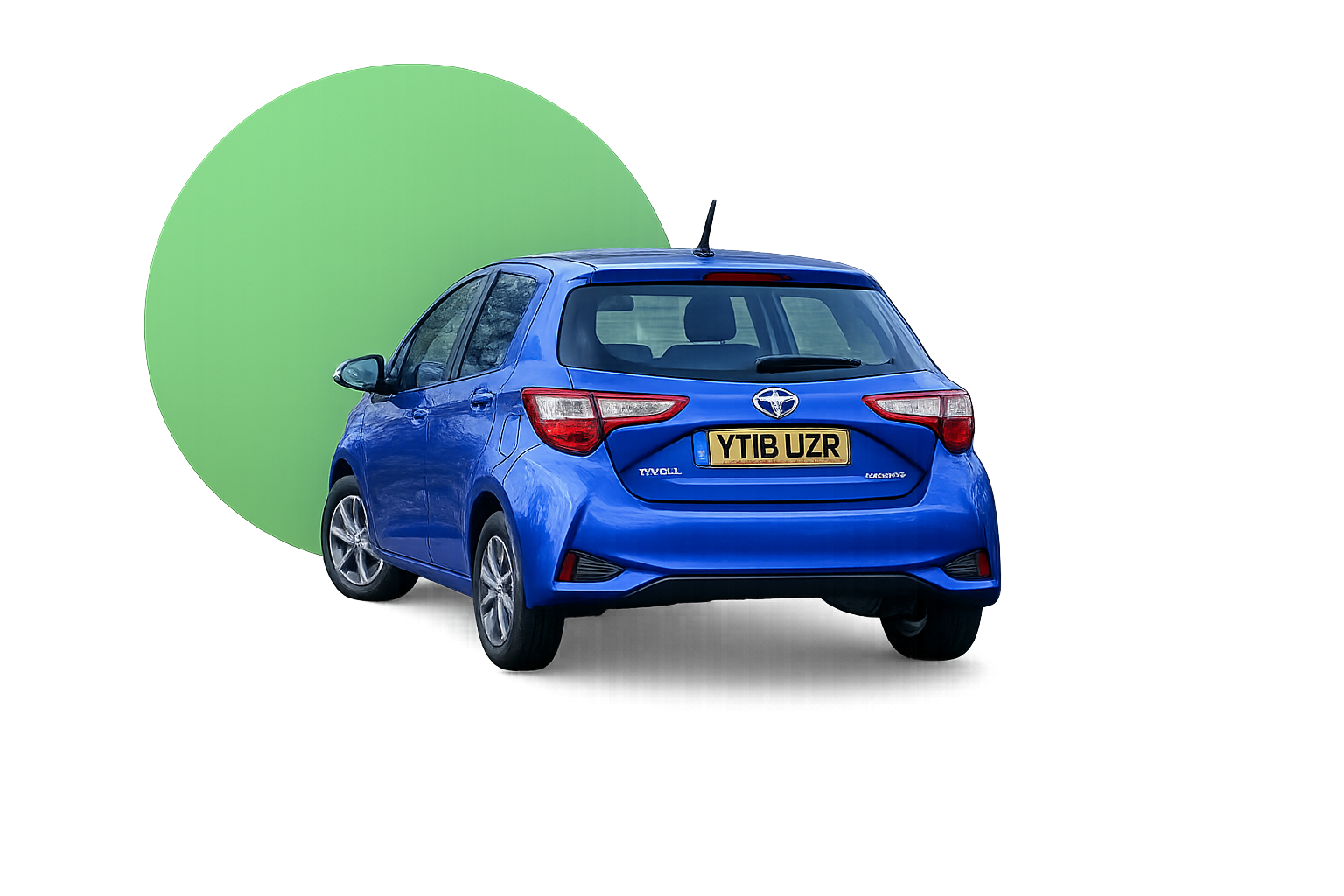 A blue Toyota Yaris hatchback car with the license plate 'YITB UZR' is parked on a digital background with abstract green and red colors.