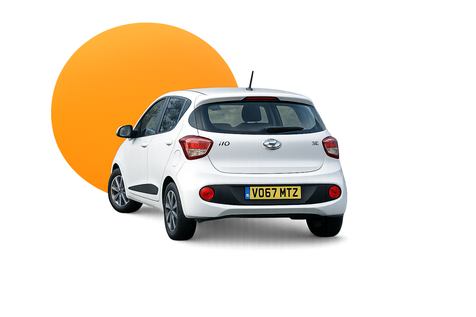 A white Hyundai i10 SE car with a UK license plate VO67 MTZ, parked against a backdrop featuring a large orange sun and a gradient sky from dark grey to light grey.