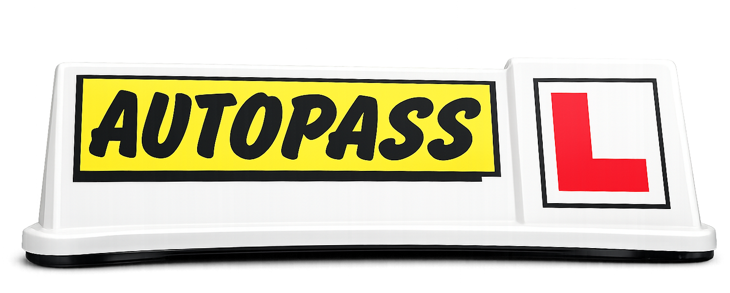 AutoPass parking permit sign with a large yellow background and black text, and a red 'L' symbol, all on a white base.