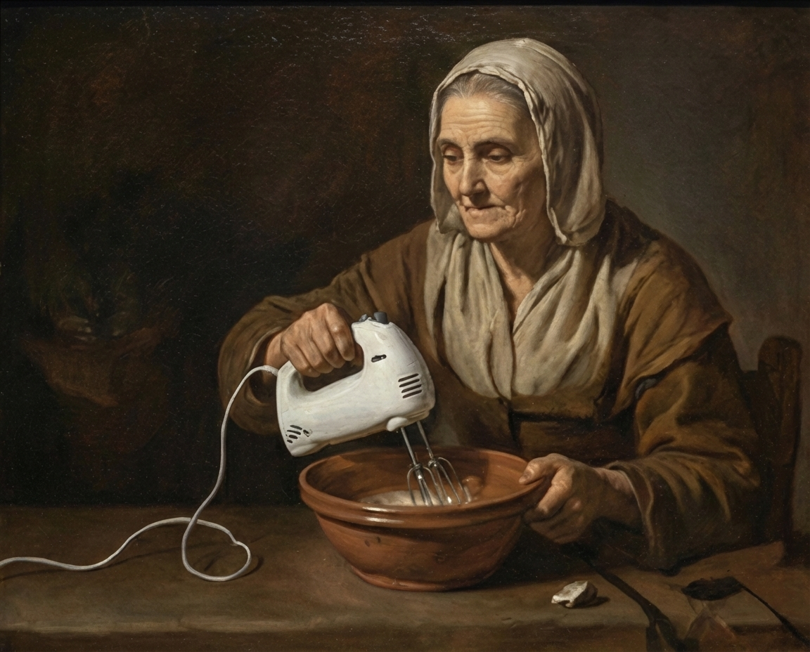 Eine alte Frau, die einen Schneebesen in einer Schüssel mit einem elektrischen Handmixer vermischt, in einer traditionellen Landschaftsszene.