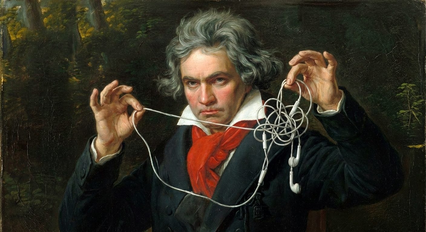 Historisches Gemälde Bild Beethoven der verworrene Kabel von Kopfhörern zwischen den Händen hält. Im Hintergrund ist ein dunkler, bewaldeter Bereich zu sehen. ClassicTwist