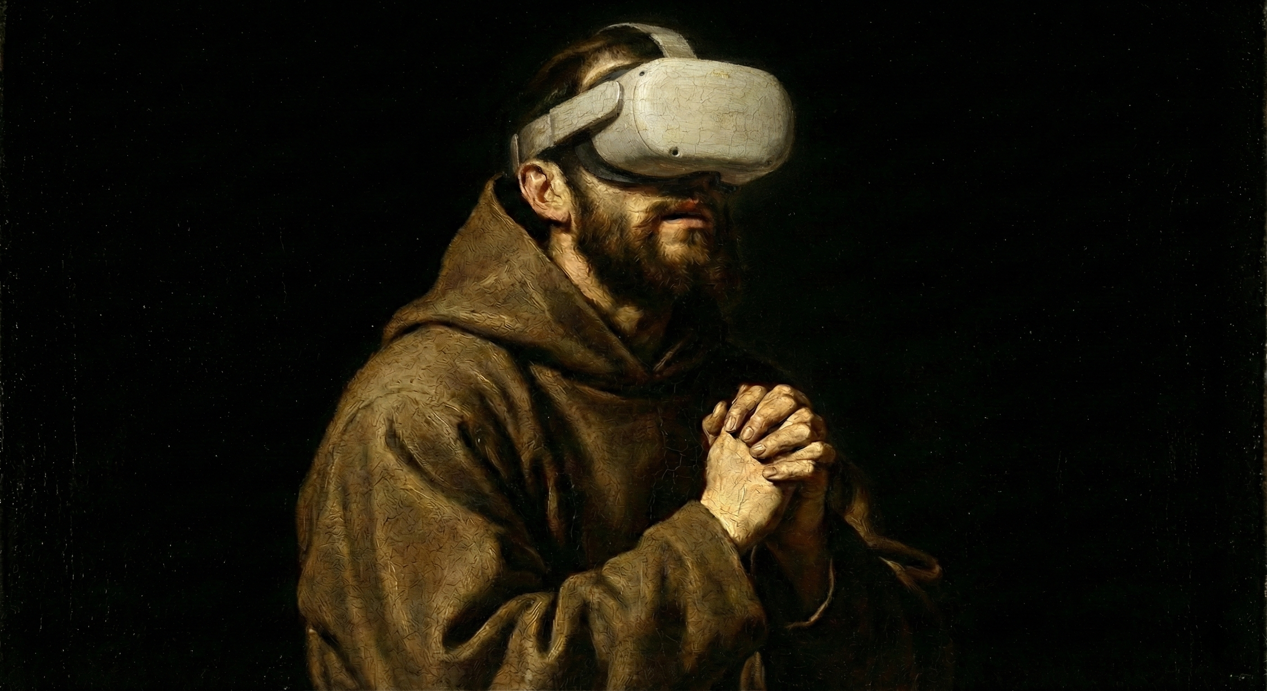 Ein Mann mit Bart trägt eine VR-Brille und hat die Hände gefaltet.