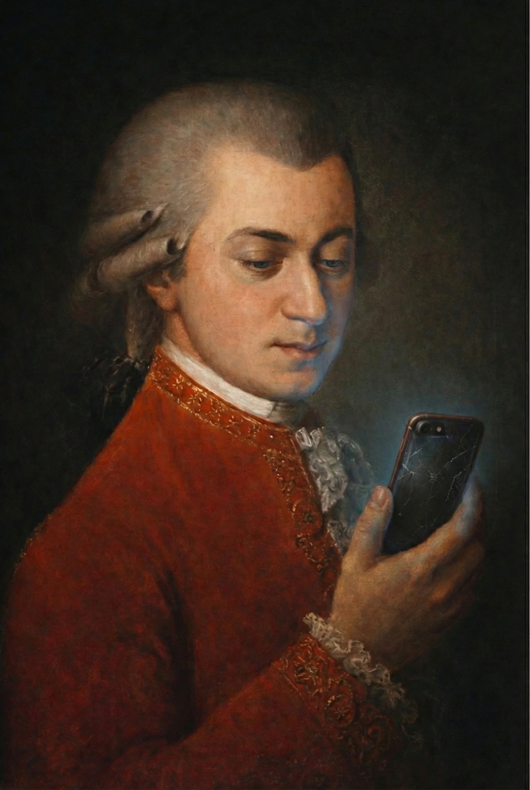 Mozart mit Smartphone in einer klassischen Porträtmalerei