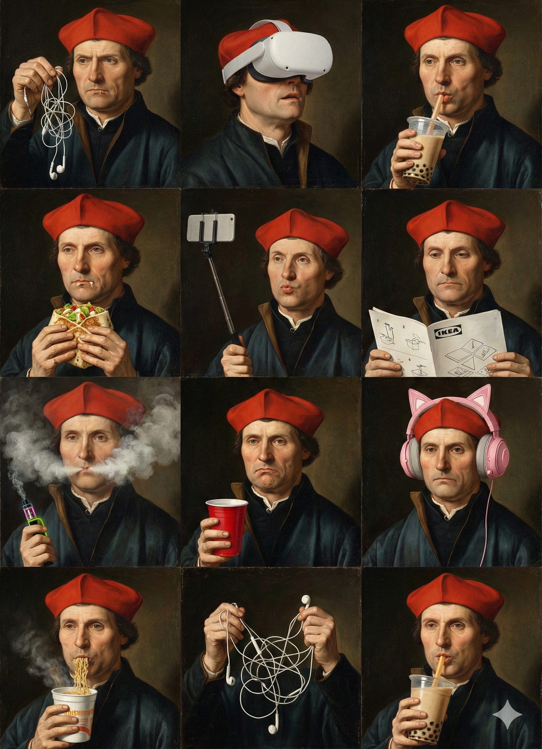 Eine Collage aus neun Bildern zeigt den Mann in einem roten Hut bei verschiedenen Aktivitäten: Er hält Ohrhörer, trägt eine Virtual-Reality-Brille, trinkt Bubble Tea, isst einen Wrap, macht ein Selfie, liest eine IKEA-Anleitung, raucht, hält eine Tasse und trägt pinke Kopfhörer.