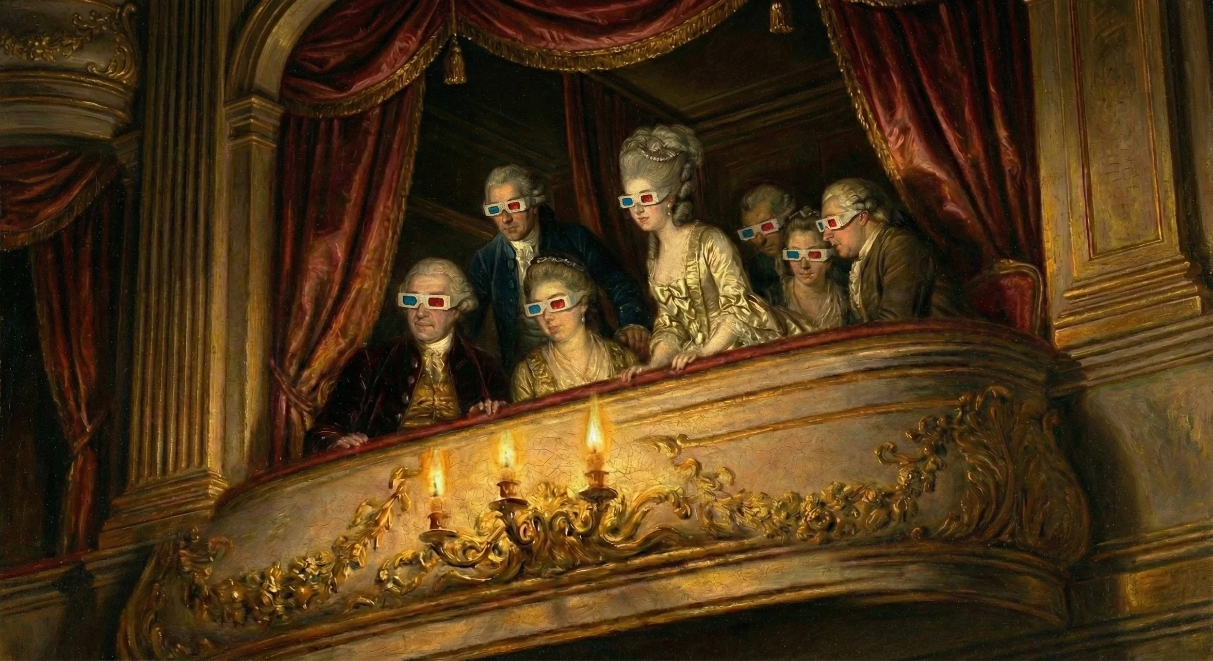 Historisches Gemälde mit adeligem Opernpublikum mit 3D-Brillen in klassischer Malerei.
