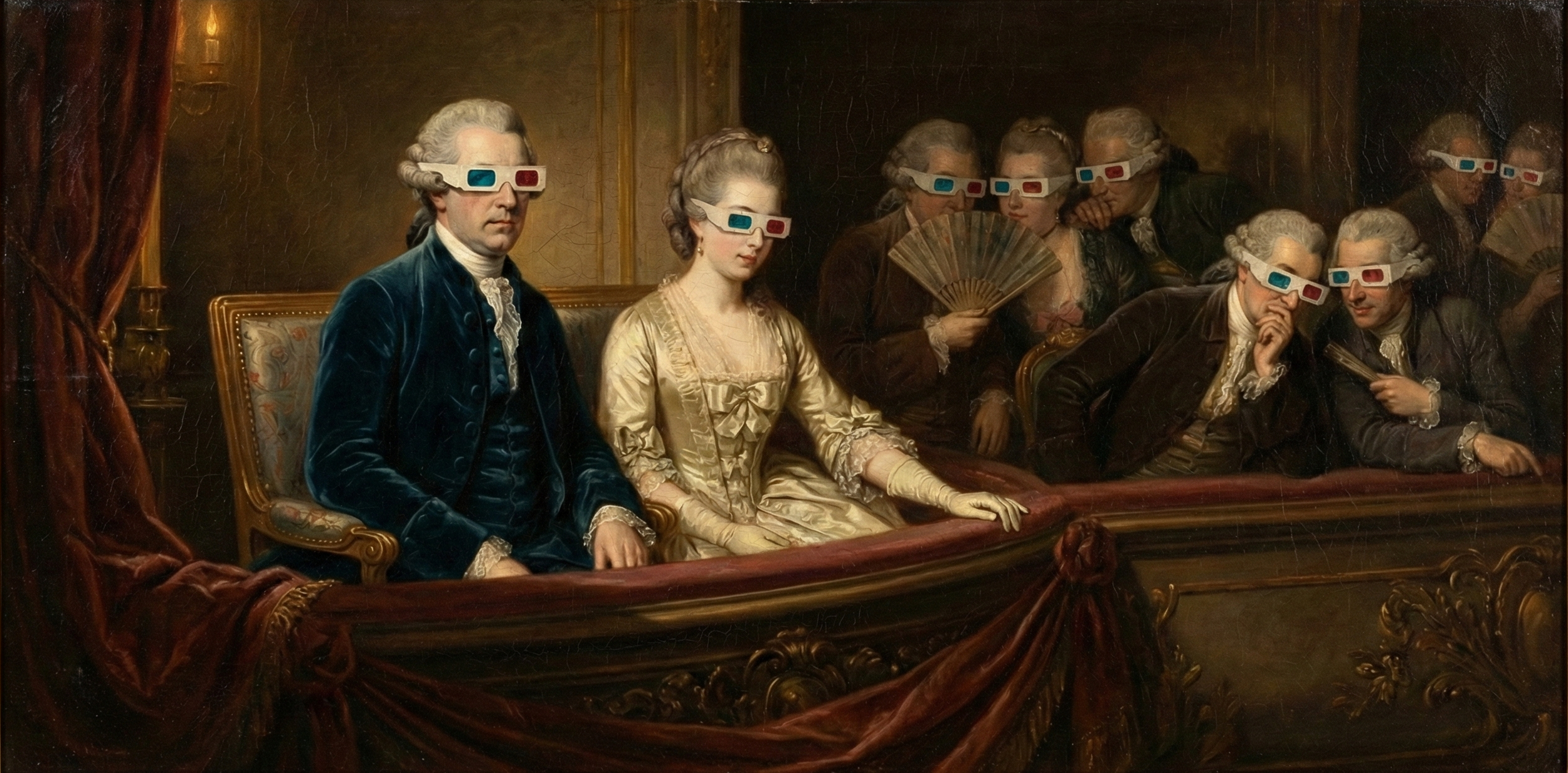 Historisches Ölgemälde einer Gruppe von Adeligen in eleganter Kleidung, die 3D-Brillen tragen, bei einer Vorführung im Theater af einem Balkon. Anachronistische Kunst. Poster. ClassicTwist