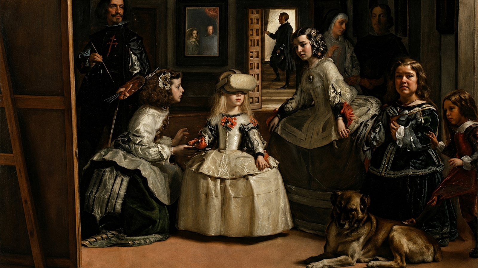 Las Meninas mit modernen VR-Brillen – anachronistischer Kunstdruck Poster nach Velázquez