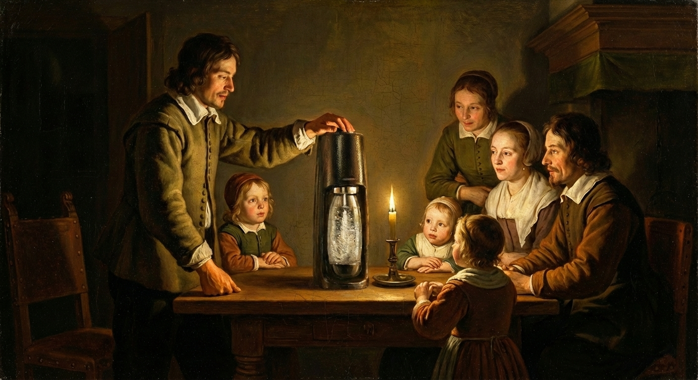 Historisches Gemälde Familie bei Kerzenschein, der Vater präsentiert einen Wassersprudler auf dem Tisch, umgeben von Erwachsenen und Kindern im historischen Gewand. Anachronistische Kunst. Poster. ClassicTwist