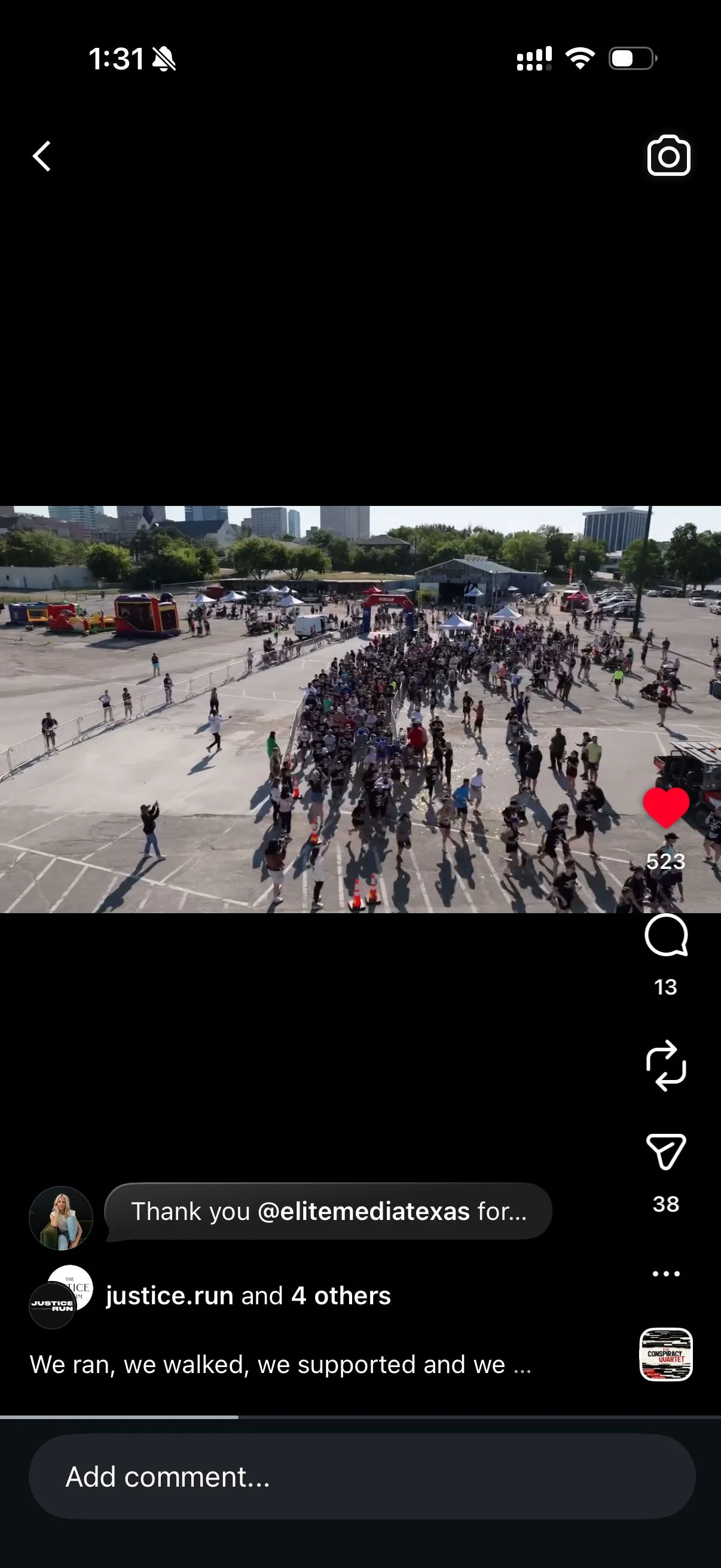 Instagram Screen Grab of high performing post of people running a marathon for a social justice cause