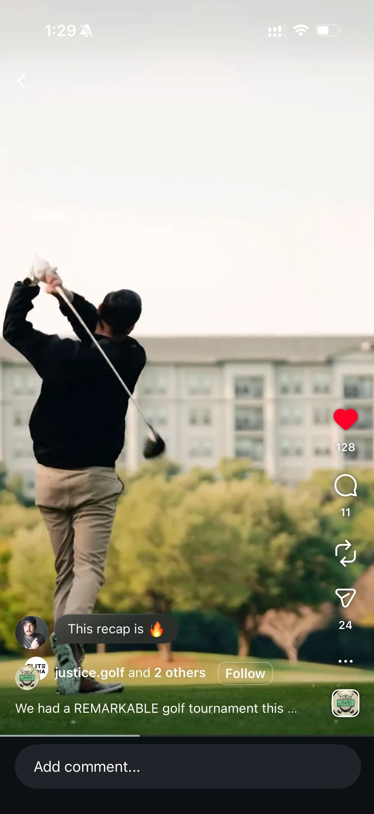 Instagram Screen Grab of high performing post man swinging golf club for a golfing tournament.