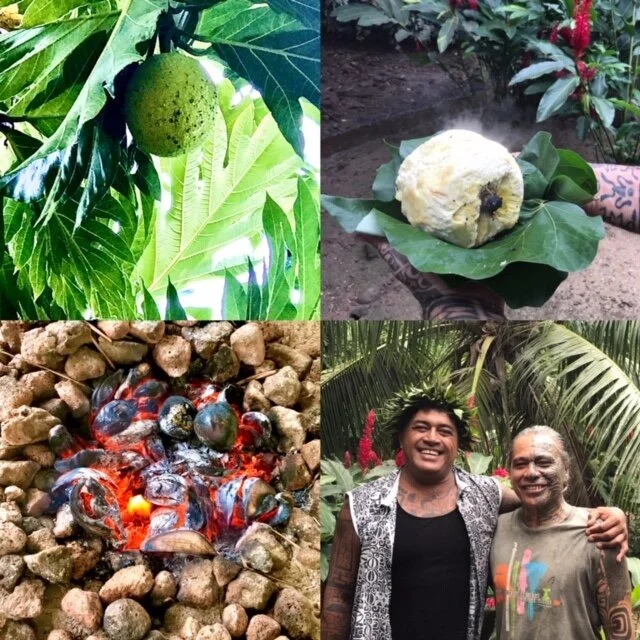 A collage of four images of preparing breadfruit in Tahiti during a retreat