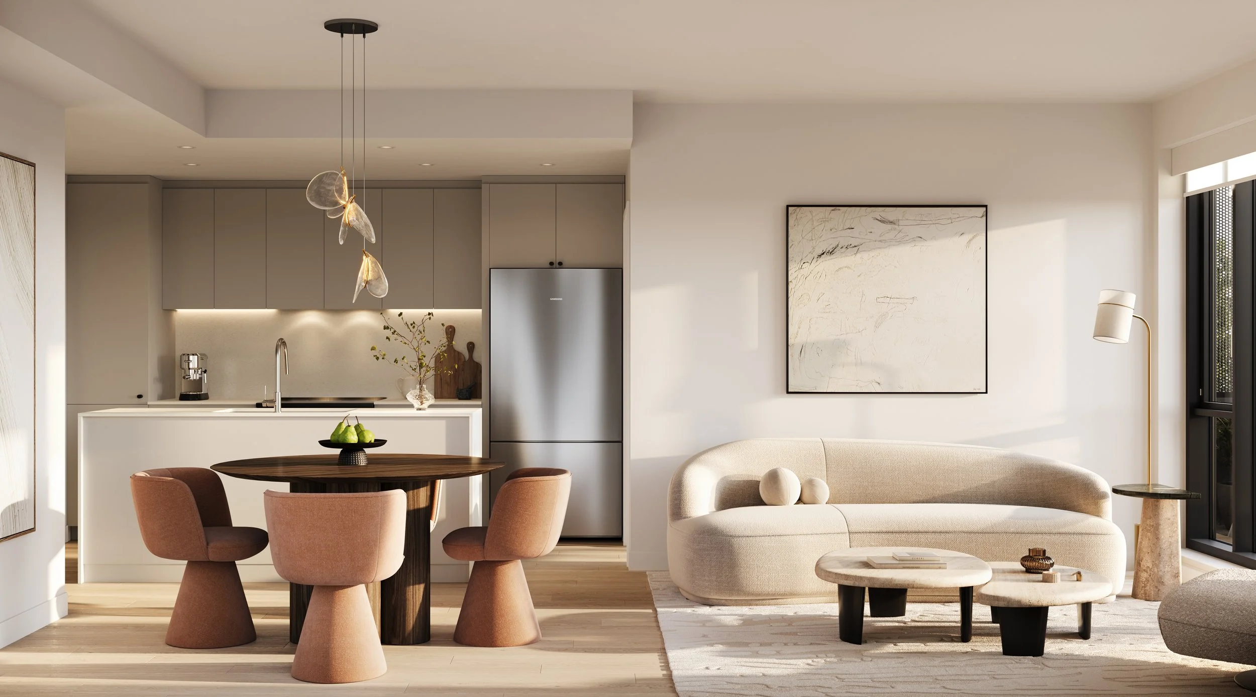 Modern open-concept living room and kitchen with beige and soft tones, a dining table with four pink upholstered chairs, a beige sofa, coffee tables, wall art, a floor lamp, and large windows letting in natural light.