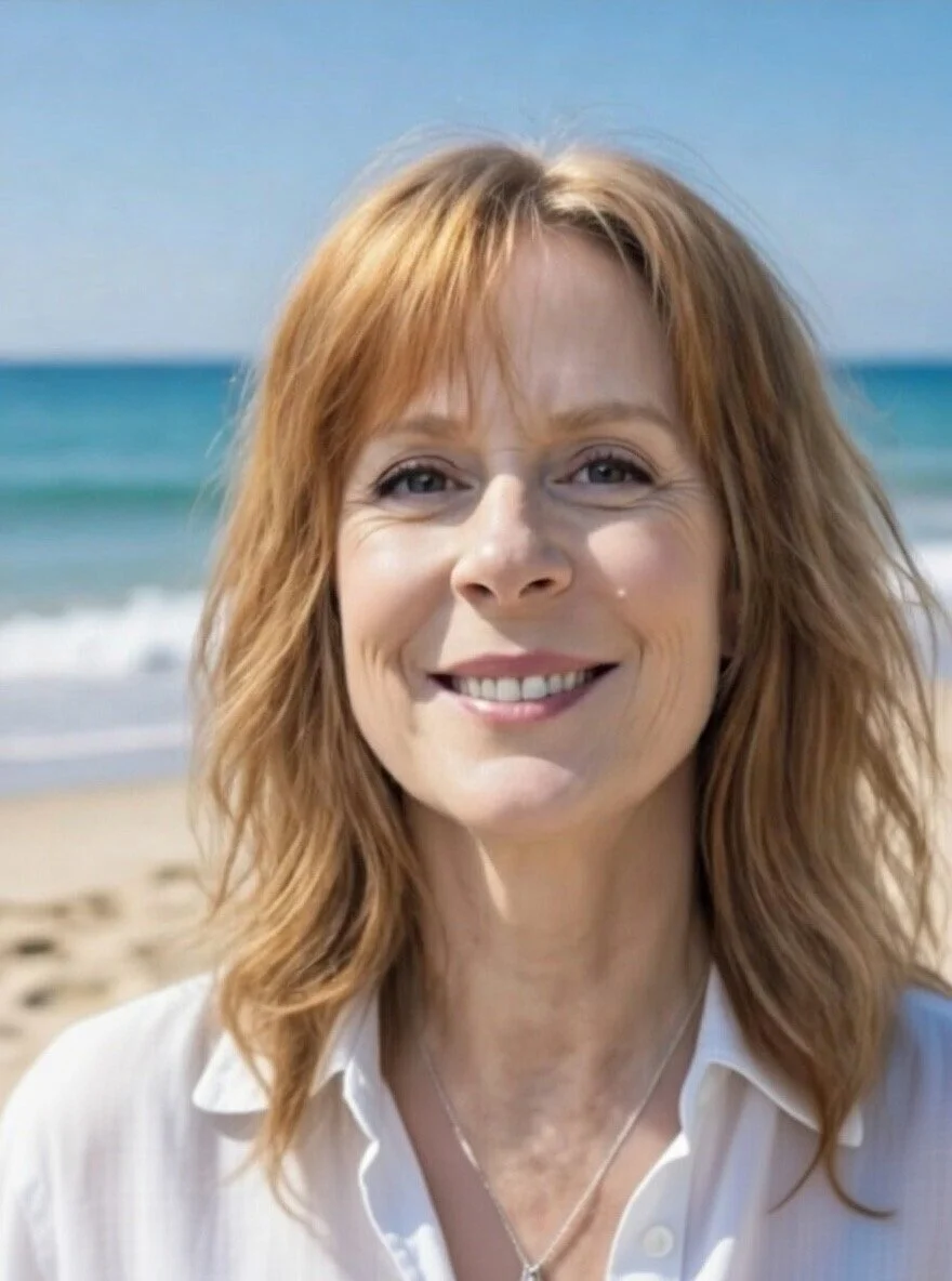 Smiling woman with red hair on the beach, ocean and sky in the background.