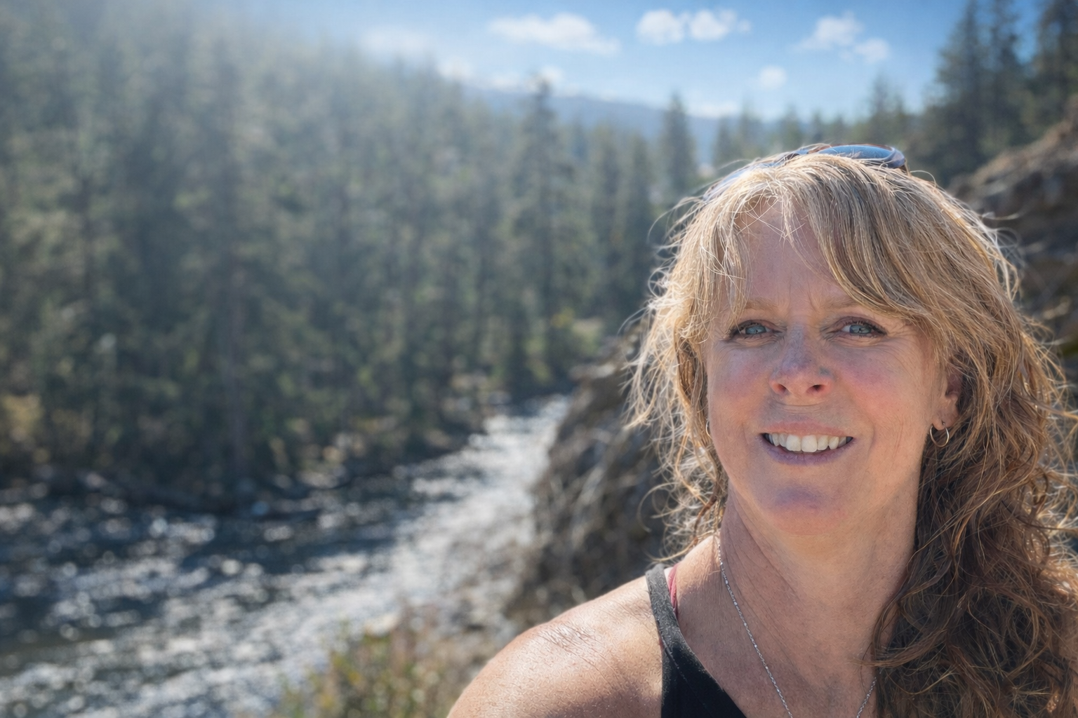 A woman outdoors near a river with forested hills in the background.