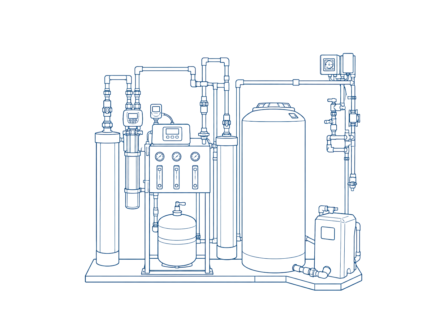 Blueprint-style drawing of a water treatment or filtration system with various tanks, gauges, and pipes interconnected.