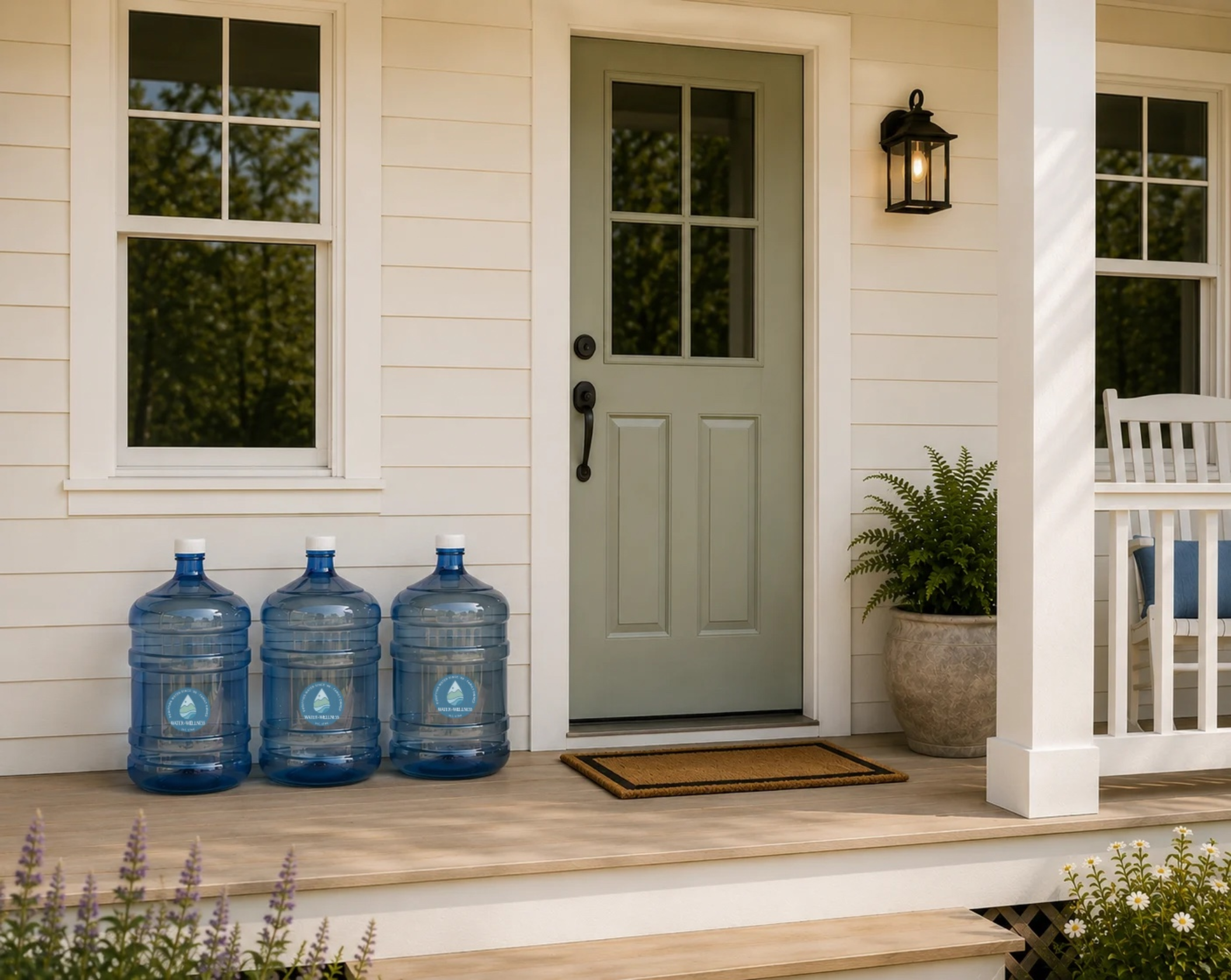 Front porch of a house with three large blue water bottles lined up in front of the door, a black outdoor light fixture to the right of the door, a potted plant with ferns to the right, a white rocking chair partially visible, and a doormat at the door.