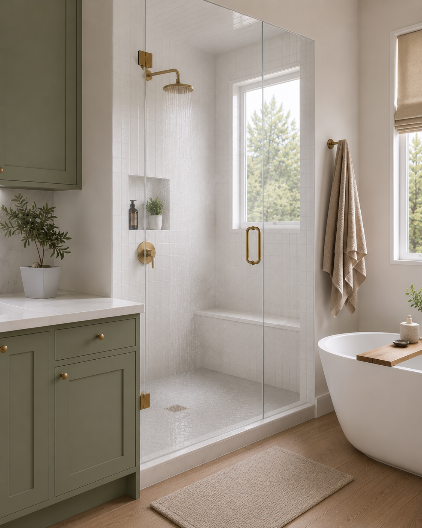 A modern bathroom with a glass-enclosed shower, green vanity cabinet, beige towel, and a freestanding bathtub near a window with a view of trees.