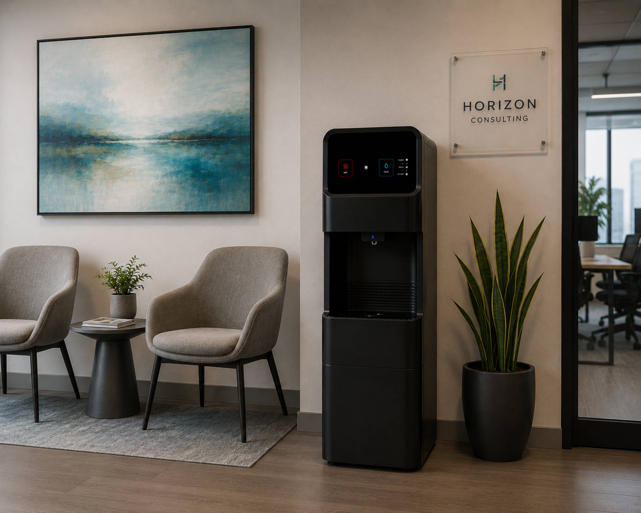 Office lobby with a large abstract landscape painting, two beige chairs, a round side table with a small plant and some papers, a water cooler, a potted plant, and a glass sign for Horizon Consulting on the wall.