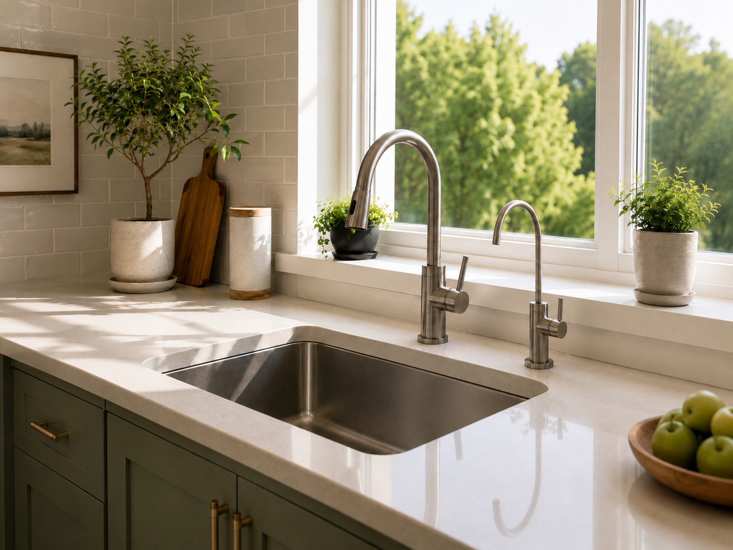 A modern kitchen with a white countertop, a stainless steel sink, a tall silver faucet, and potted green plants on the windowsill. Outside the window, there is a view of green trees.