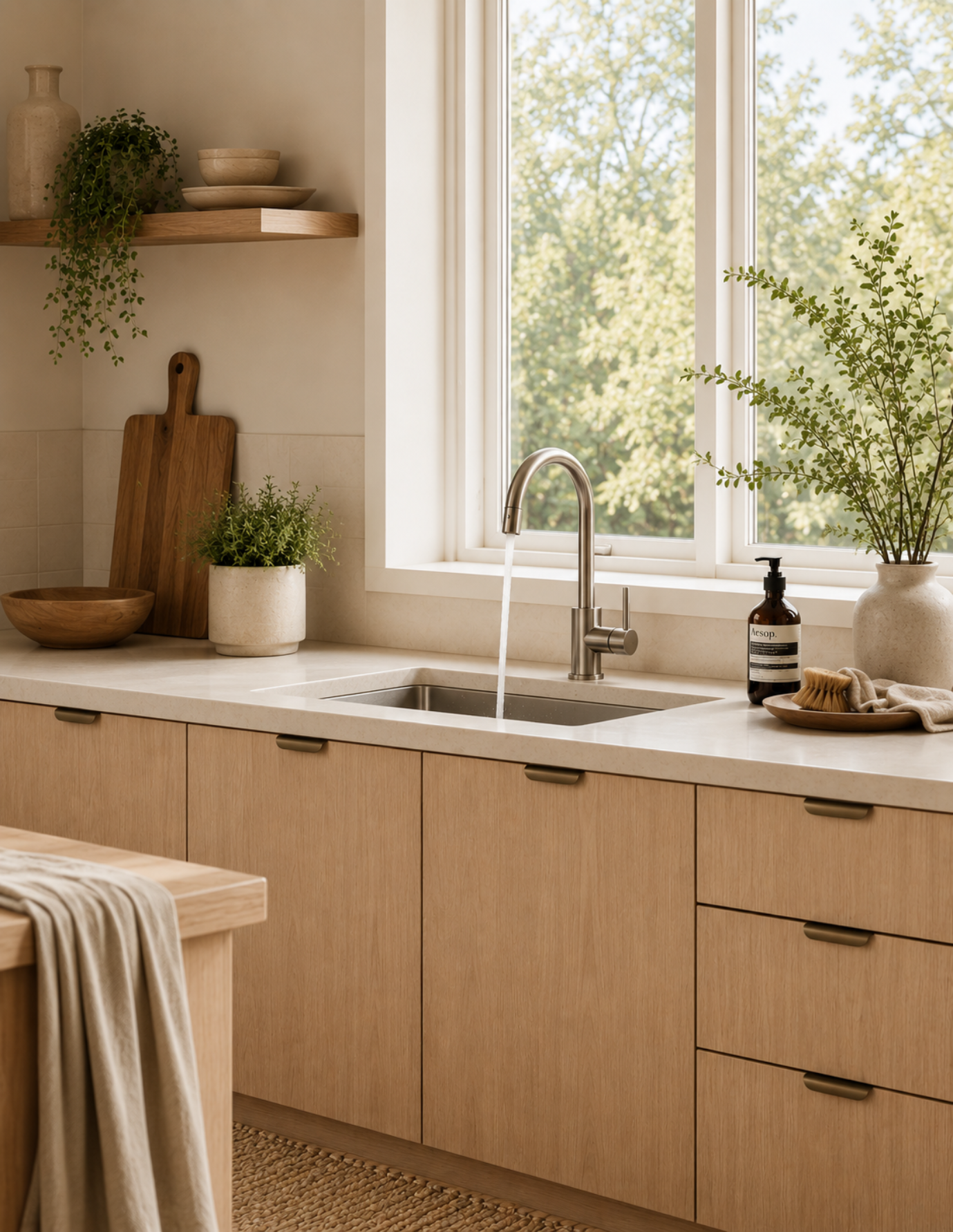 A kitchen with a window showing trees outside, a stainless steel faucet with running water, a small potted plant, a bar soap dispenser, a wooden cutting board, and a wavy scrub brush on the countertop. Open shelves hold bowls and a potted plant. Light-colored wooden cabinets and a woven rug are also visible.