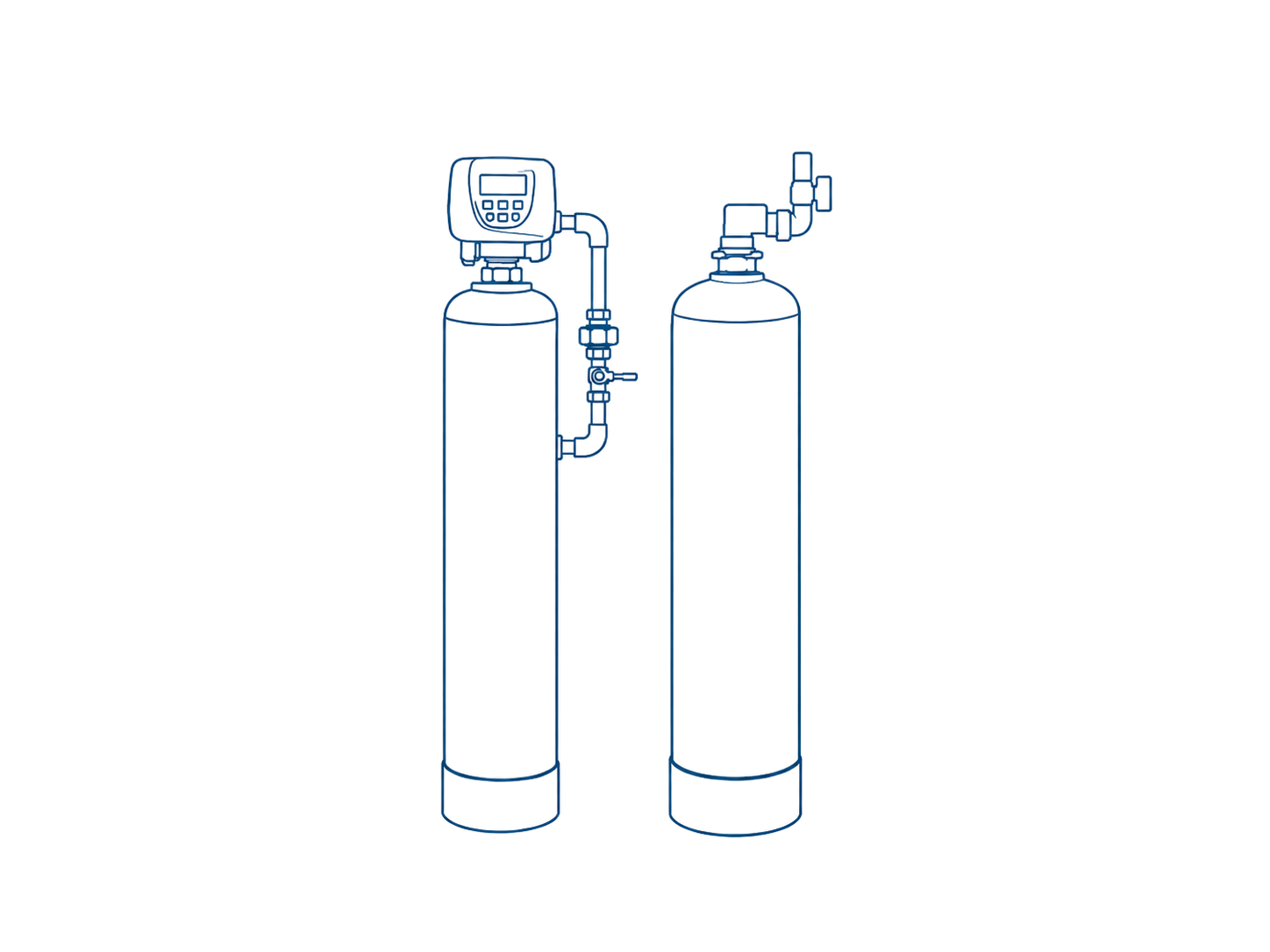 Diagram of two water softener tanks, one with a control valve and a digital display, connected by pipes for water treatment system.